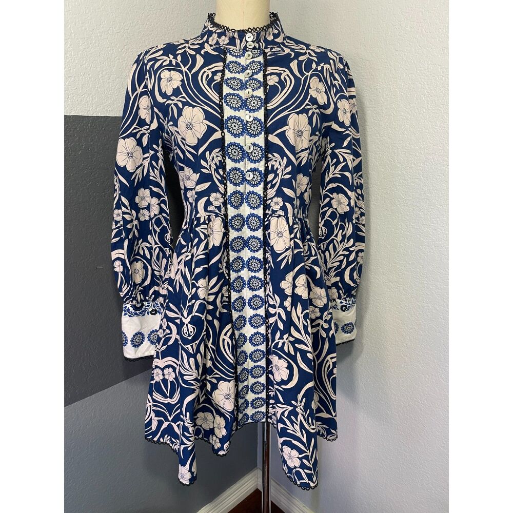 Beyond by Vera Nella Blue Ivory Floral Cotton Mini Dress S Resort Coastal Artsy
